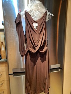 Brown Draped V-Neck Women's Dress